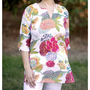 Dolma Garden Tunic White Floral Multicolored Cotton Split Neck Size Large